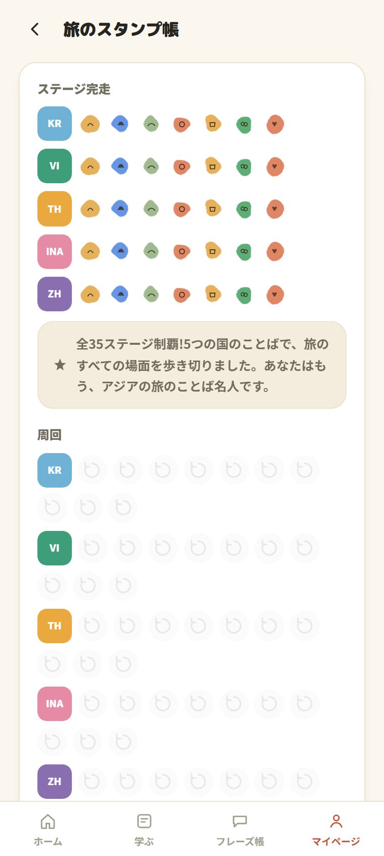 旅のスタンプ帳。学んだステージの数だけスタンプが貯まる