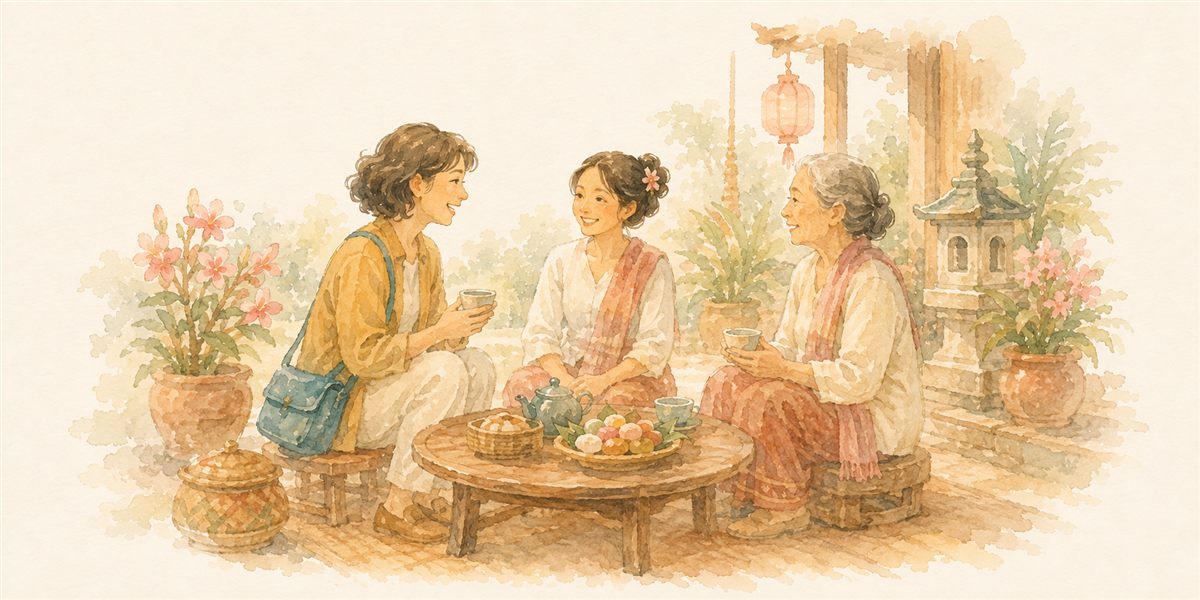 現地の人とお茶を囲んで交流するイメージ