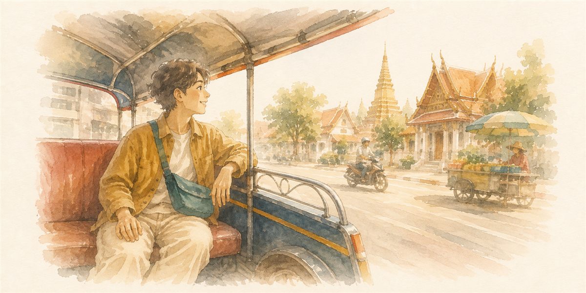 トゥクトゥクに乗って旅行するイメージ