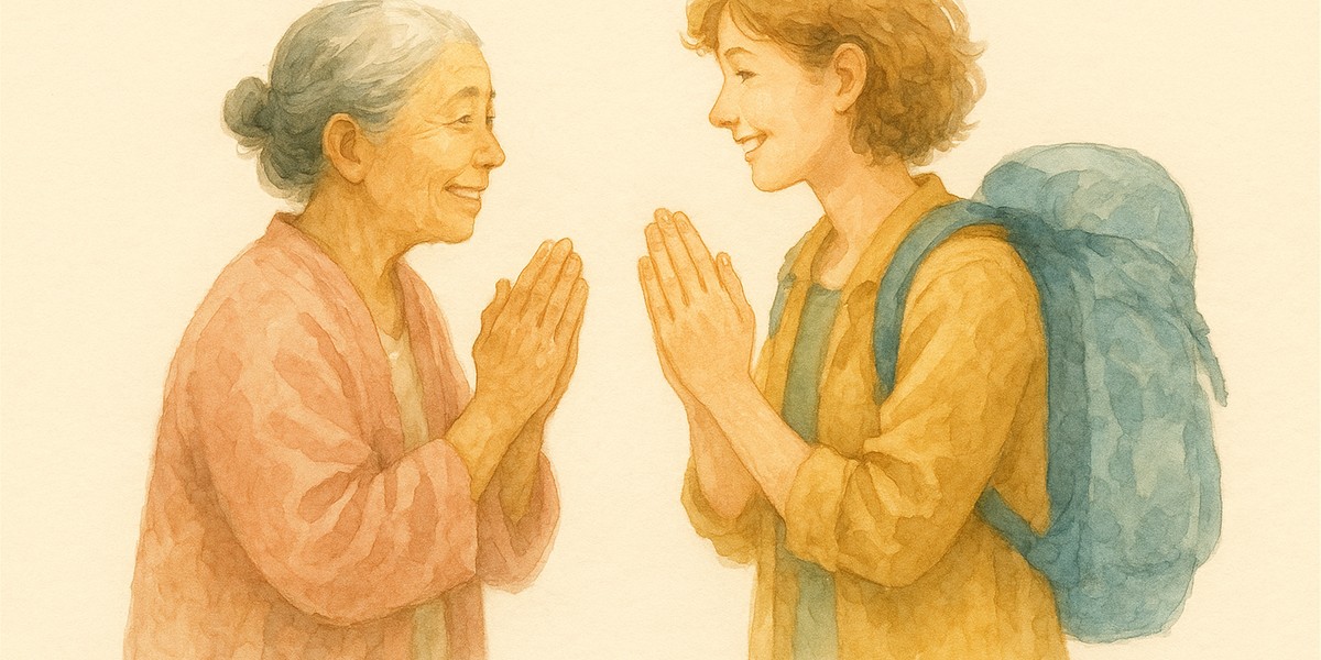現地の人からちょっとした挨拶の作法を教わるイメージ